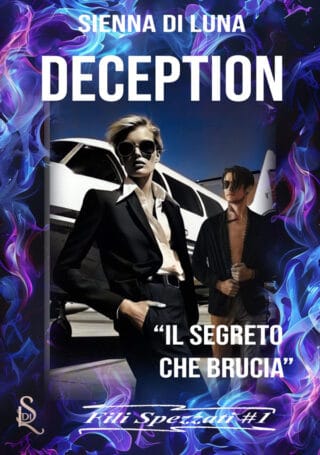 Copertina Deception. Samantha vestita da uomo in primo piano, Marcus con giacca aperta a petto nudo che la osserva. Sfondo con aereo Cessna