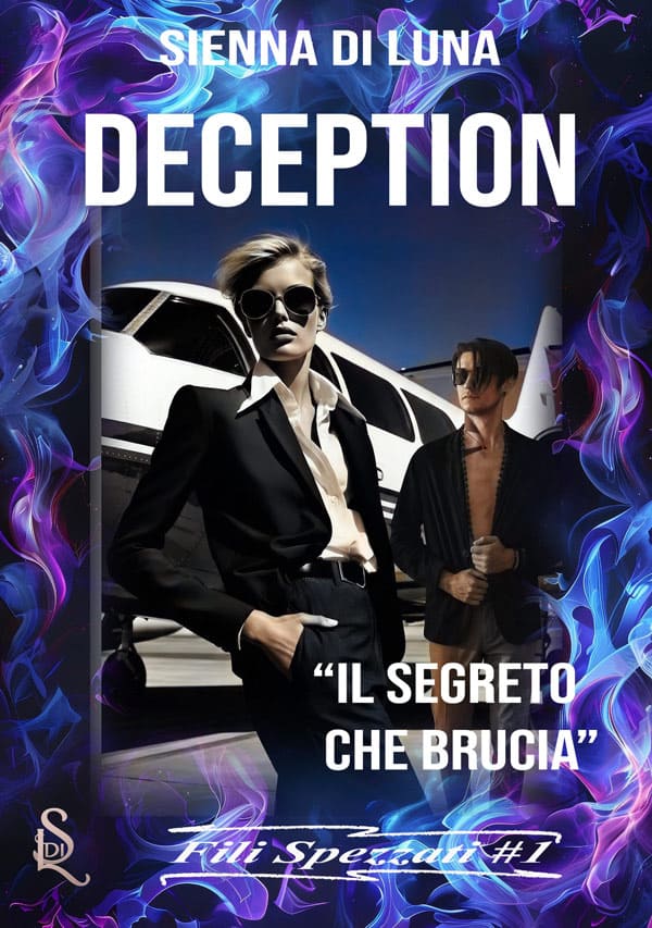 Copertina Deception. Samantha vestita da uomo in primo piano, Marcus con giacca aperta a petto nudo che la osserva. Sfondo con aereo Cessna