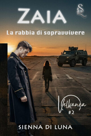 Copertina libro Zaia. Lei si allontana verso un veicolo militare, Erik appoggiato al muro stringe i pugni. Military Romance post-war